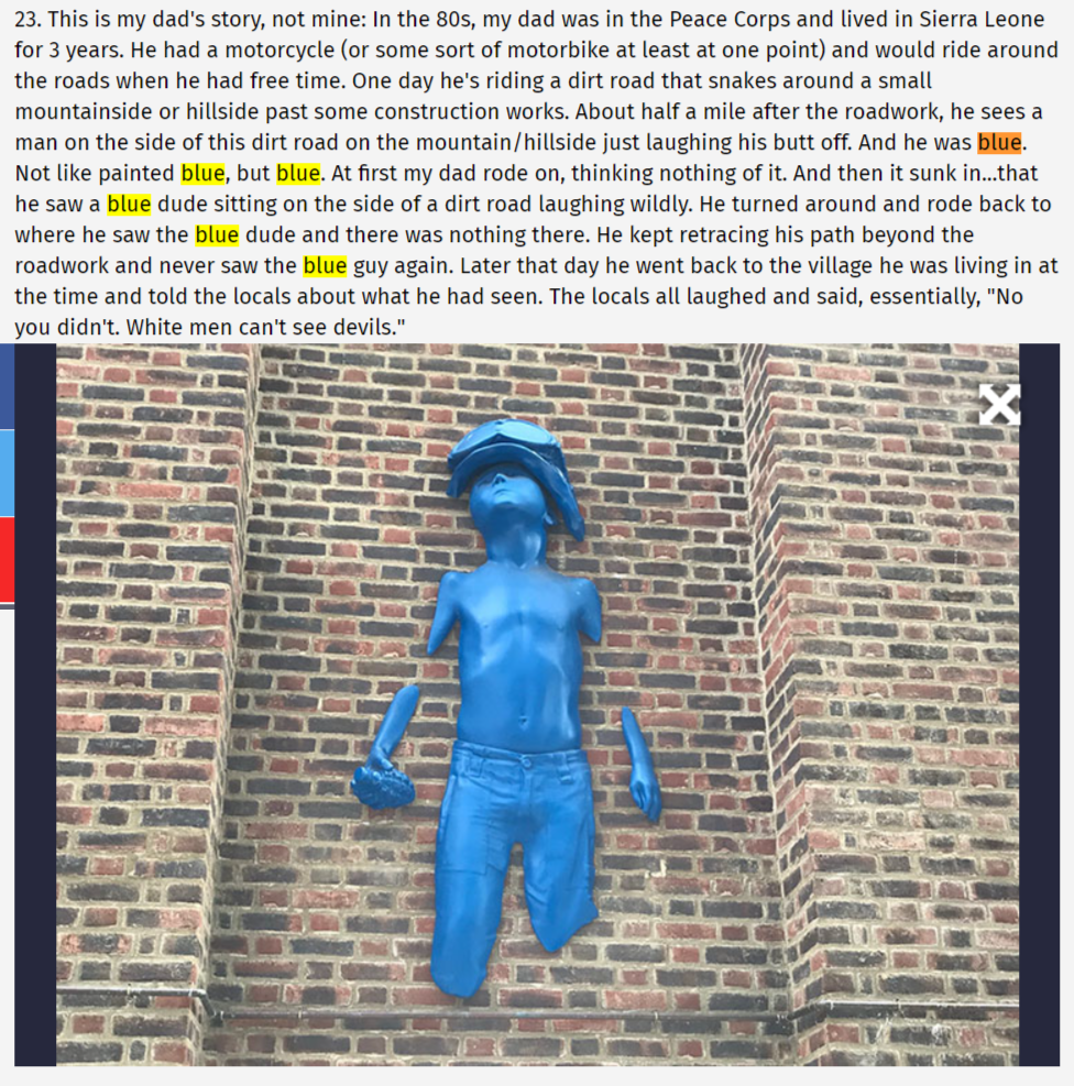 Screenshot of a blue boy sculpture coming out of a wall